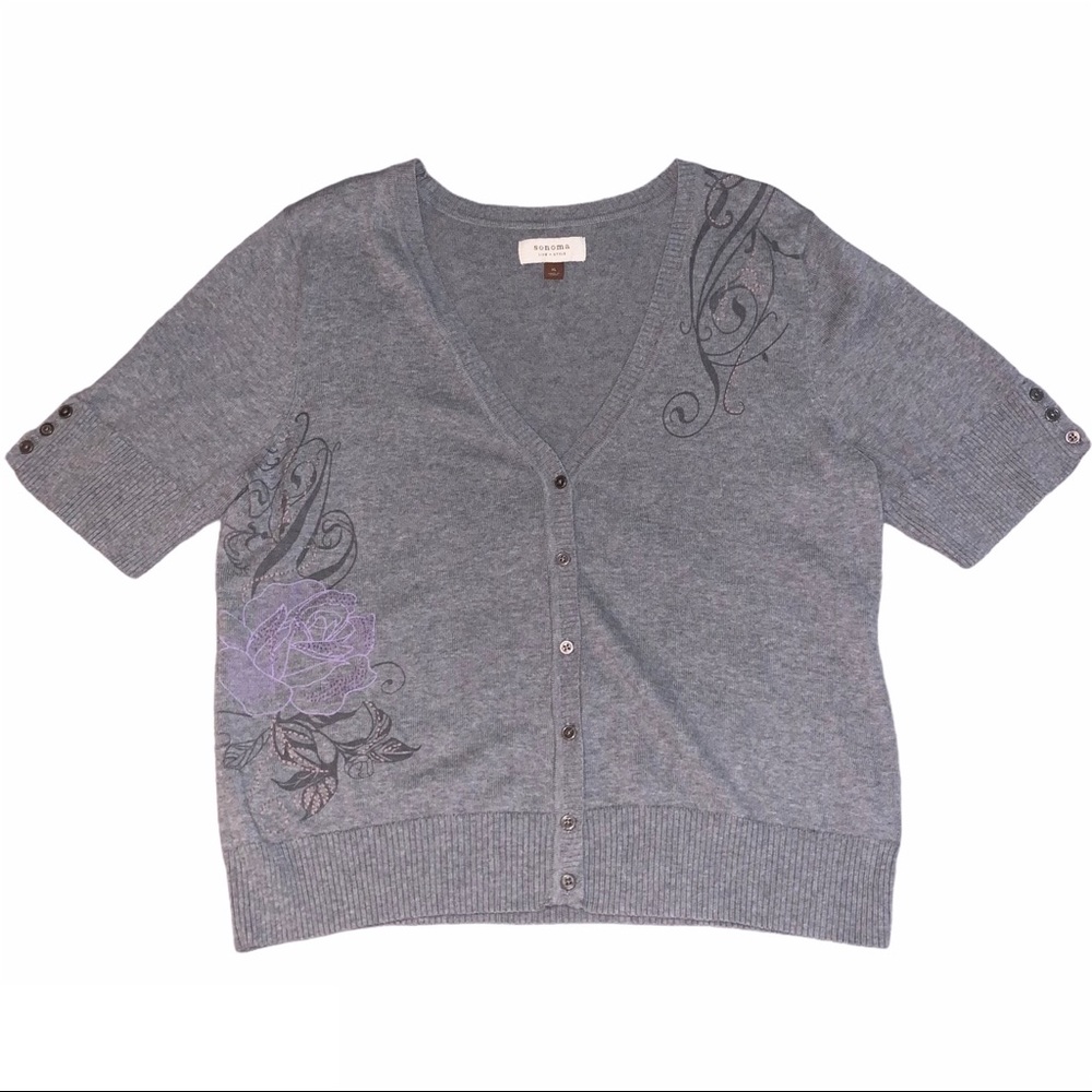 Sonoma Grey Rose Short Sleeve Button Up Cardigan